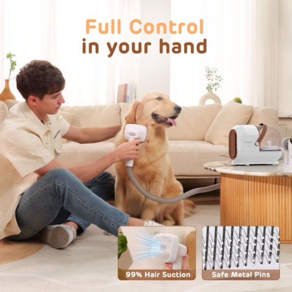 Dog Grooming Vacuum Kit - 3L Vacuum with 7 Tools, Low Noise Electric Clipper and Brush for Pet Shedding at Home, White