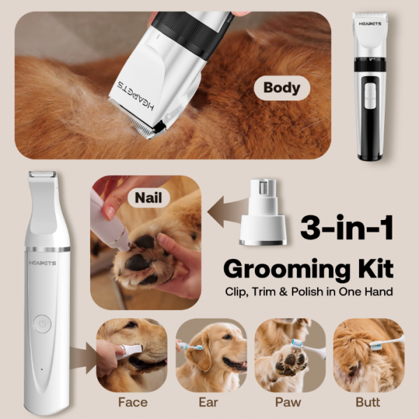 HEAPETS Dog Hair Clippers for Grooming Kit and Dog Paw Trimmer Nail Grinder for Grooming, Low Noise Rechargeable Cordless, Shaver Grooming Supplies for Pet Cats Dogs (White, White)