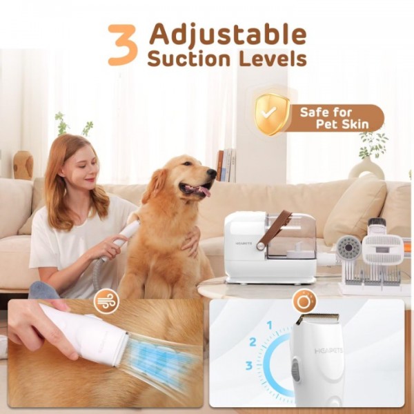 Dog Grooming Vacuum Kit - 3L Vacuum with 7 Tools, Low Noise Electric Clipper and Brush for Pet Shedding at Home, White
