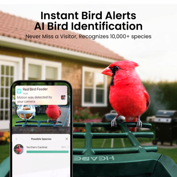 HEAPETS Bird Feeder with Camera Solar Powered 2K HD Video, 10,000+ Species AI Recognition, Real-Time App Alerts, and Weatherproof Design for Effortless Birdwatching, Gift for Bird Lovers, Grass Green